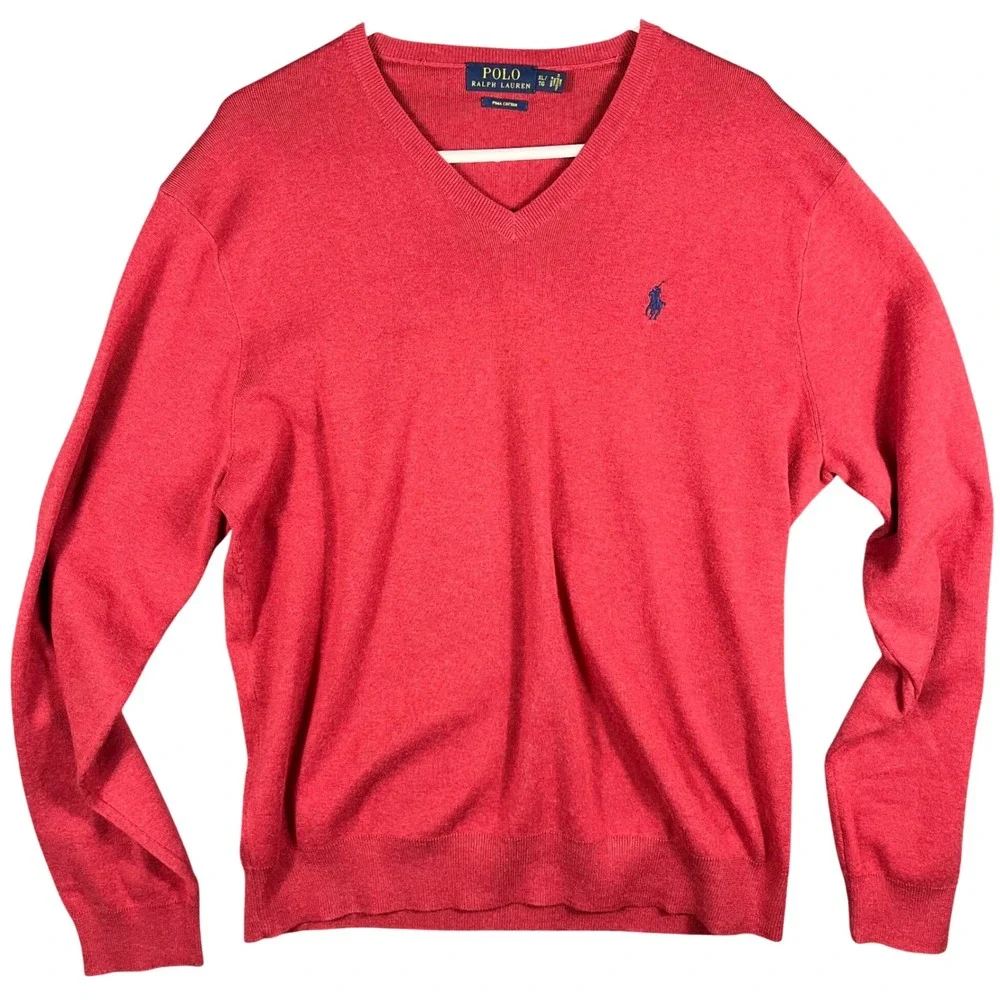 Polo‎ Ralph Lauren V-Neck Sweater Mens XL Red Pima Cotton Long Sleeve Pony Logo